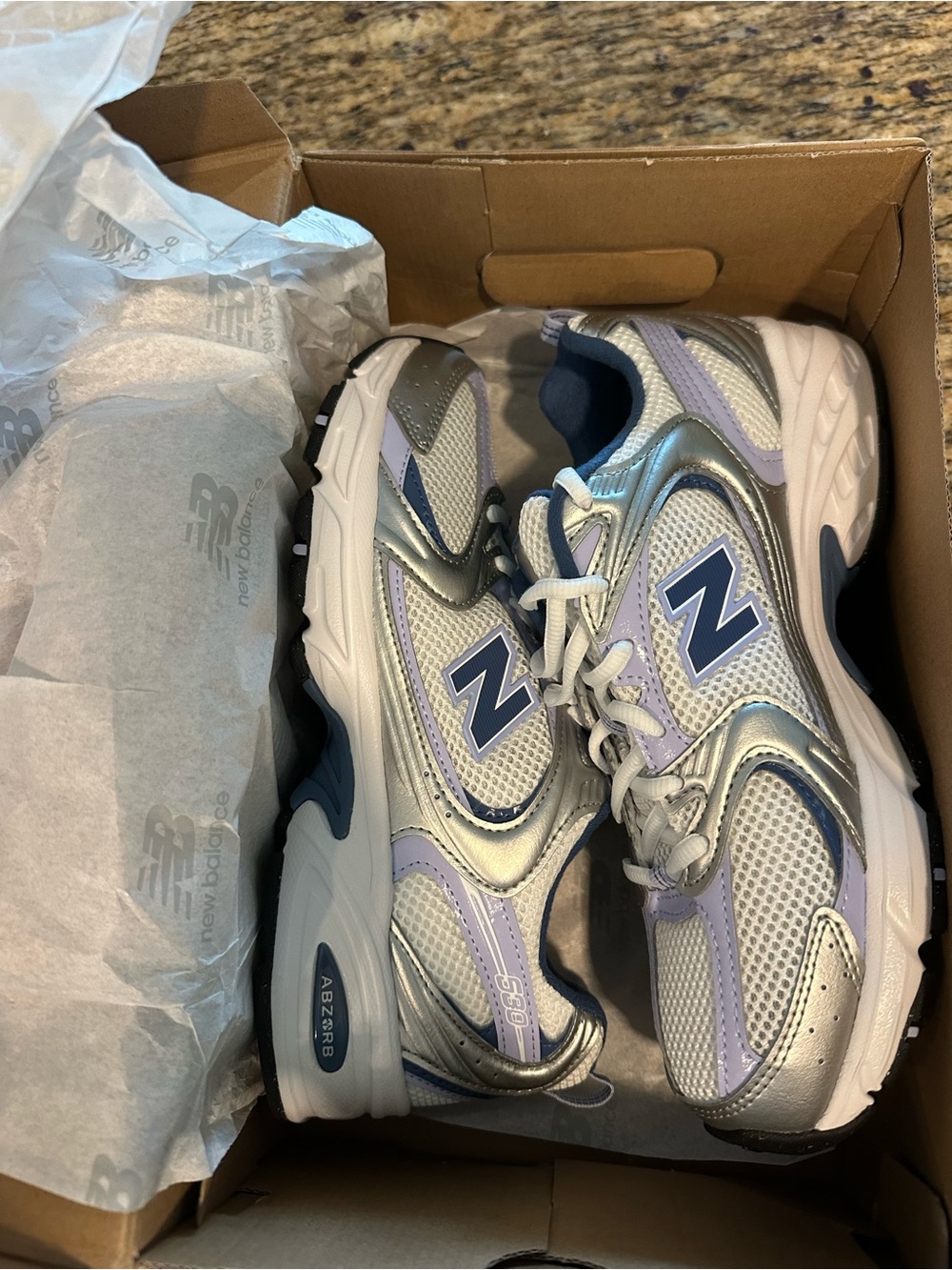 New Balance 530 Silver and Lavender Athletic Sneakers